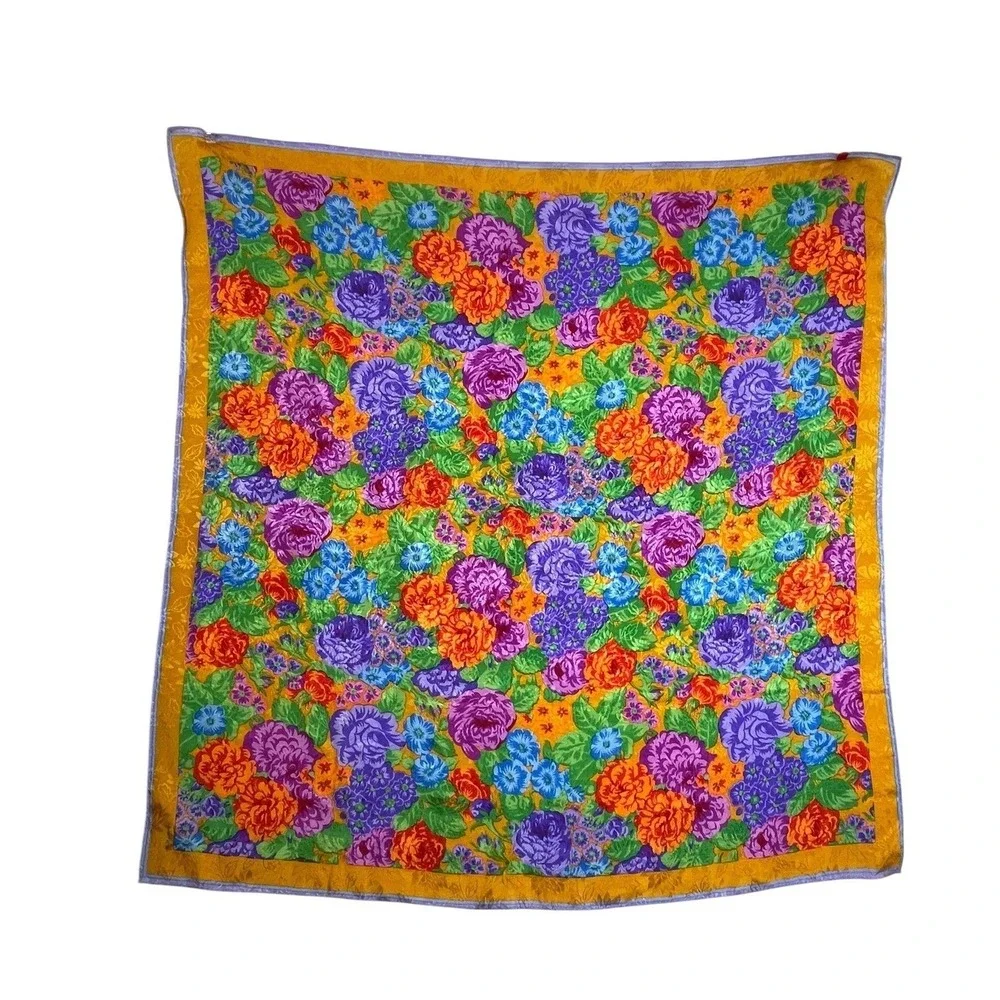 Albert Nipon Vintage Floral Jacquard Silk Square Scarf Gold Purple Hand Rolled‎